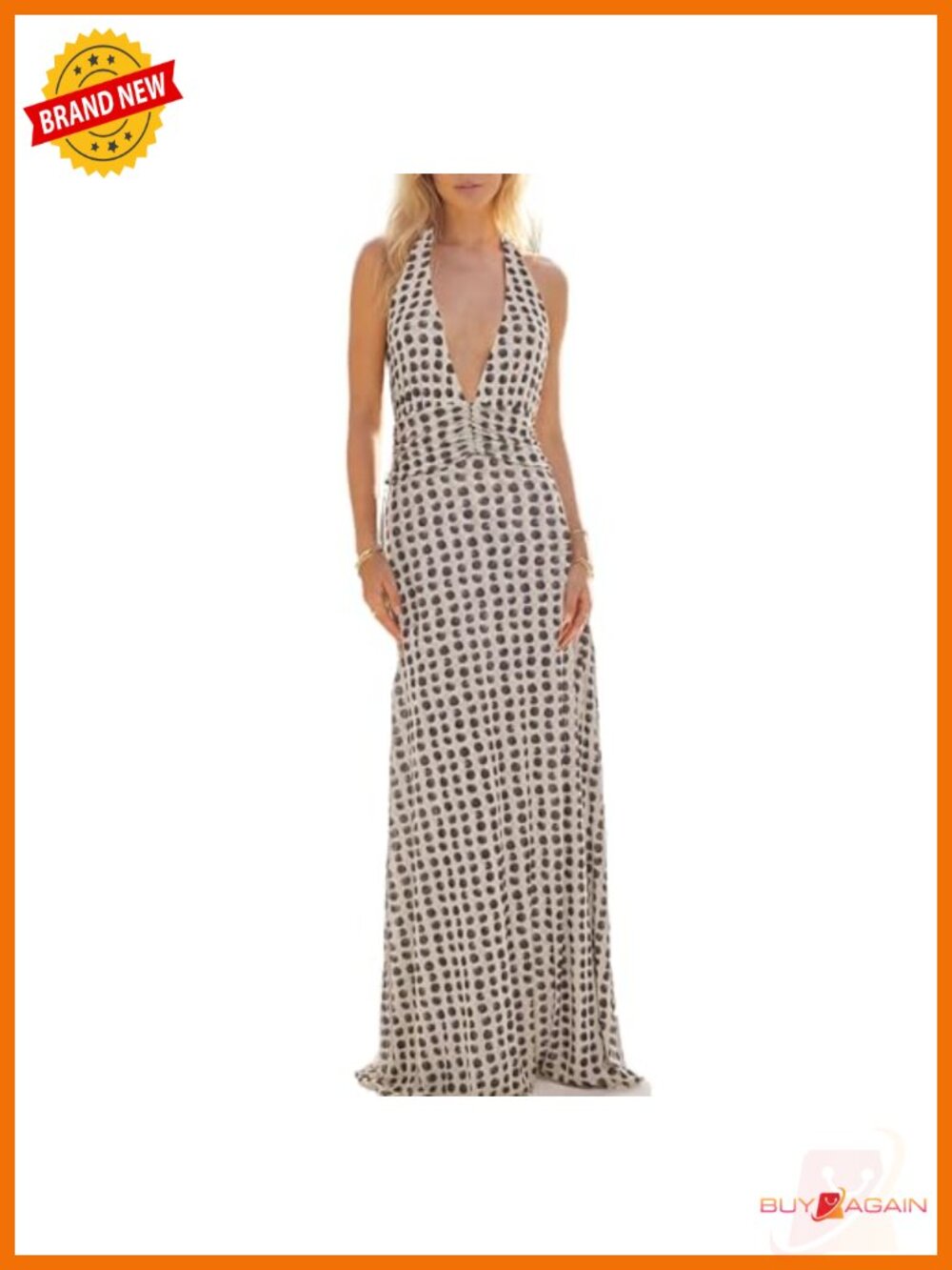 Halter Maxi Dress for Women Polka Dot Backless V-Neck Sleeveless Ruched